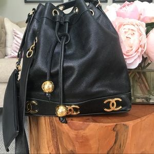 CHANEL Black Caviar Drawstring with makeup bag